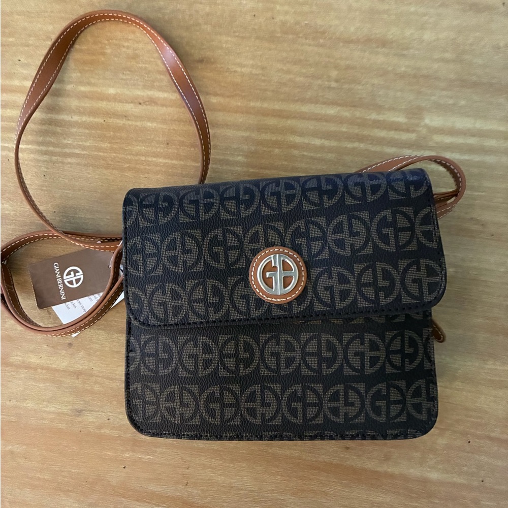 Giani Bernini Dark Brown Monogram Crossbody with Tan Trim